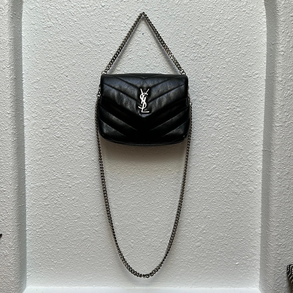 SAINT LAURENT Loulou Toy Matelasse Calfskin V-Flap Crossbody Bag in Black